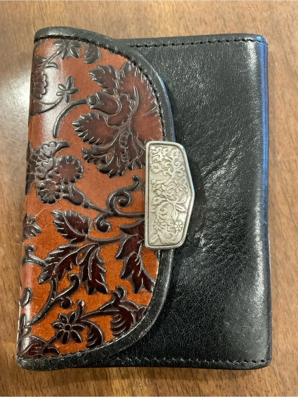 Brighton Black and Brown Tooled Floral Leather coin purse with belt straps bag